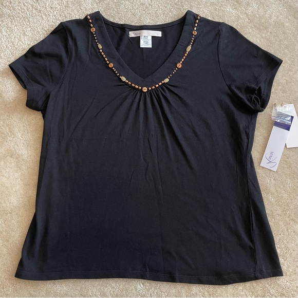 Kiara - Black V-Neck Ruched Wood Stone Bead Trim Top Tee - NEW w/ TAGS - Size M - Picture 2 of 9